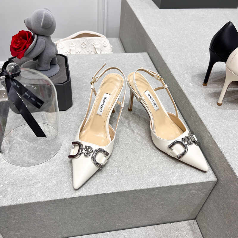 Summer Open-Toe One-Strap High Heel Sandals with Metal Buckle in White - European and American Style for Women