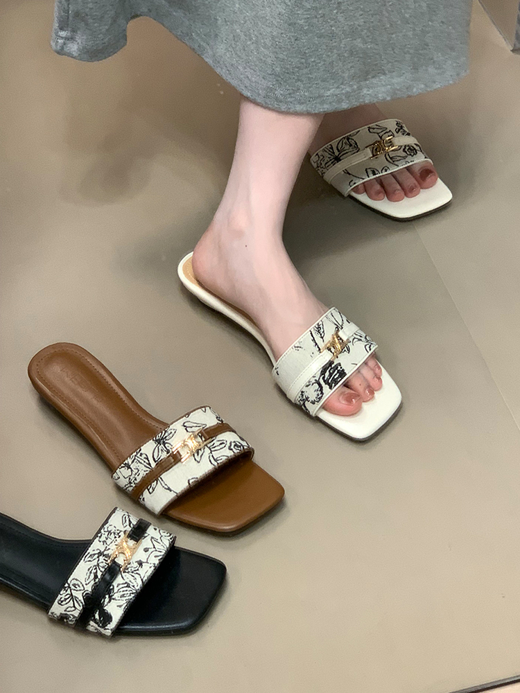 Summer Open-Toe Sandals with Square Toe, One-Strap Design, French Style, Comfortable, Floral Print for Ocean Vibes Summer Open-Toe Sandals with Square Toe, One-Strap Design, French Style, Comfortable, Floral Print for Ocean Vibes