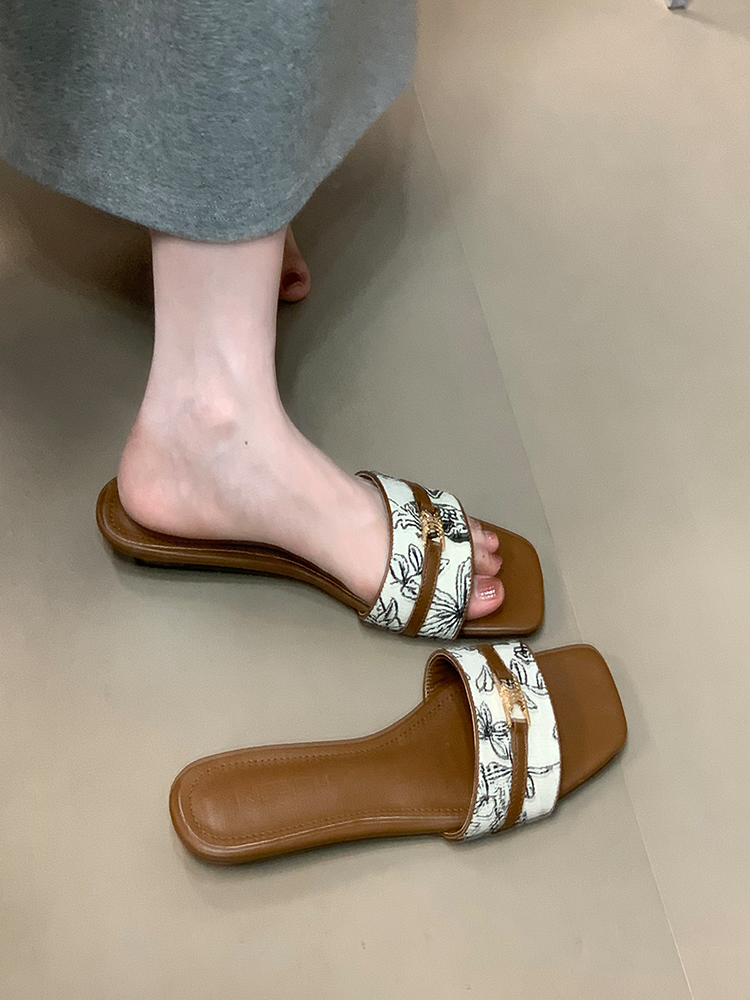 Summer Open-Toe Sandals with Square Toe, One-Strap Design, French Style, Comfortable, Floral Print for Ocean Vibes Summer Open-Toe Sandals with Square Toe, One-Strap Design, French Style, Comfortable, Floral Print for Ocean Vibes