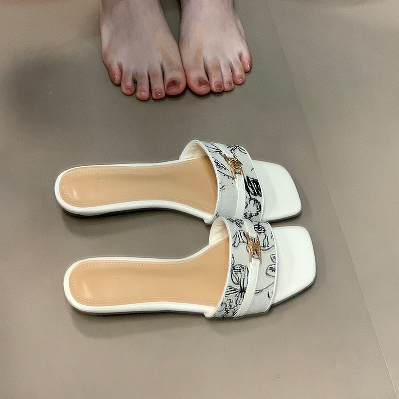 Summer Open-Toe Sandals with Square Toe, One-Strap Design, French Style, Comfortable, Floral Print for Ocean Vibes Summer Open-Toe Sandals with Square Toe, One-Strap Design, French Style, Comfortable, Floral Print for Ocean Vibes