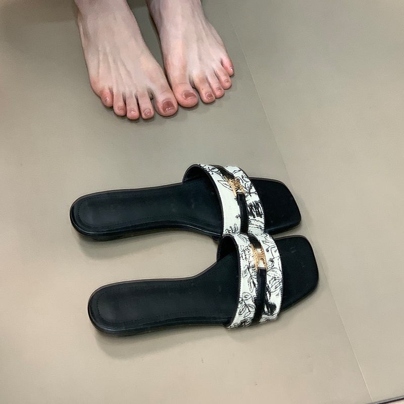 Summer Open-Toe Sandals with Square Toe, One-Strap Design, French Style, Comfortable, Floral Print for Ocean Vibes