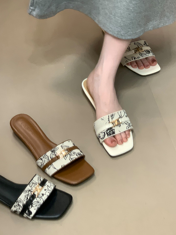 Summer Open-Toe Sandals with Square Toe, One-Strap Design, French Style, Comfortable, Floral Print for Ocean Vibes
