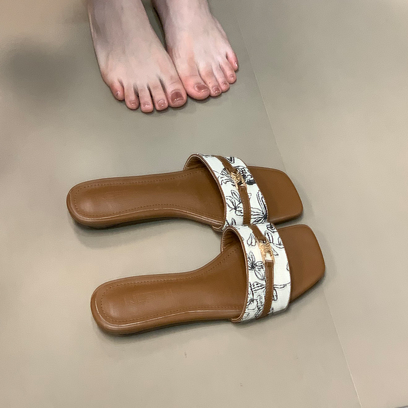 Summer Open-Toe Sandals with Square Toe, One-Strap Design, French Style, Comfortable, Floral Print for Ocean Vibes Summer Open-Toe Sandals with Square Toe, One-Strap Design, French Style, Comfortable, Floral Print for Ocean Vibes