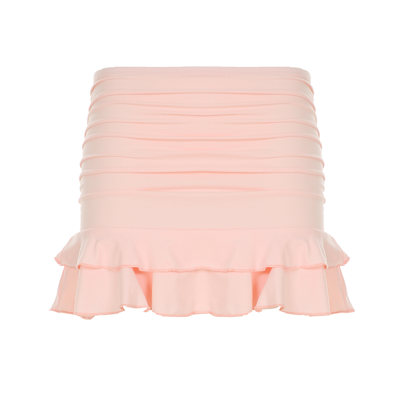 Summer Pink A-Line Skirt - American College Style Low-Waist Pleated Ruffled Hem for a Niche Spicy Girl Look