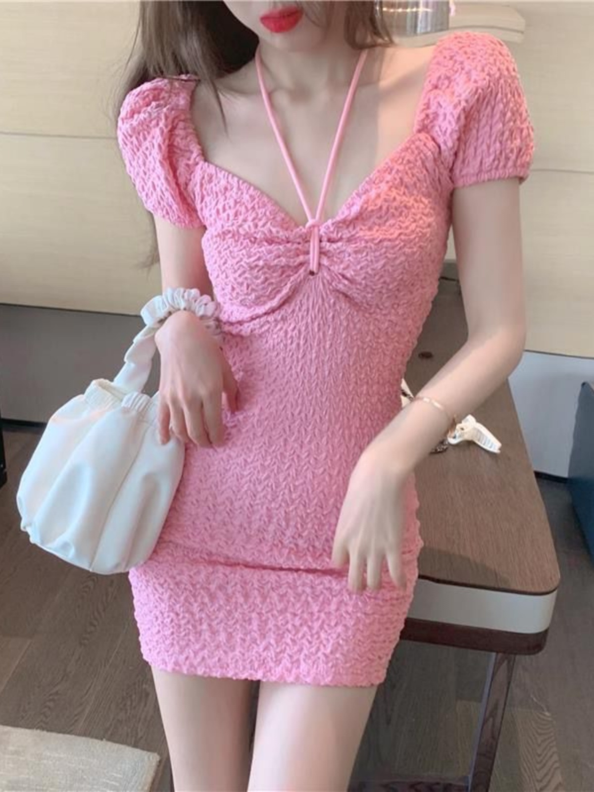 Summer Pink Bodycon Mini Dress - Sexy Waist-Cinching Spaghetti Strap Style with Chest-Revealing Design for Women