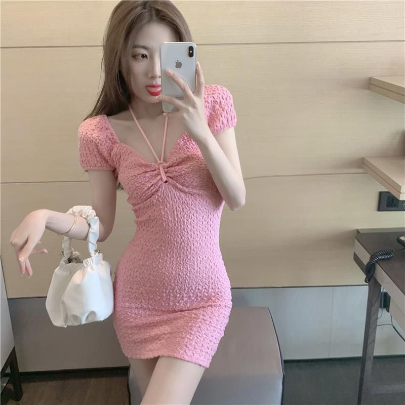 Summer Pink Bodycon Mini Dress - Sexy Waist-Cinching Spaghetti Strap Style with Chest-Revealing Design for Women