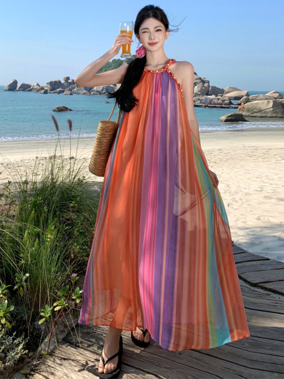 Summer Rainbow Striped Halter Sleeveless Loose Dress for Beach Vacations - Trendy Seaside Photo Shoot Outfit Summer Rainbow Striped Halter Sleeveless Loose Dress for Beach Vacations - Trendy Seaside Photo Shoot Outfit