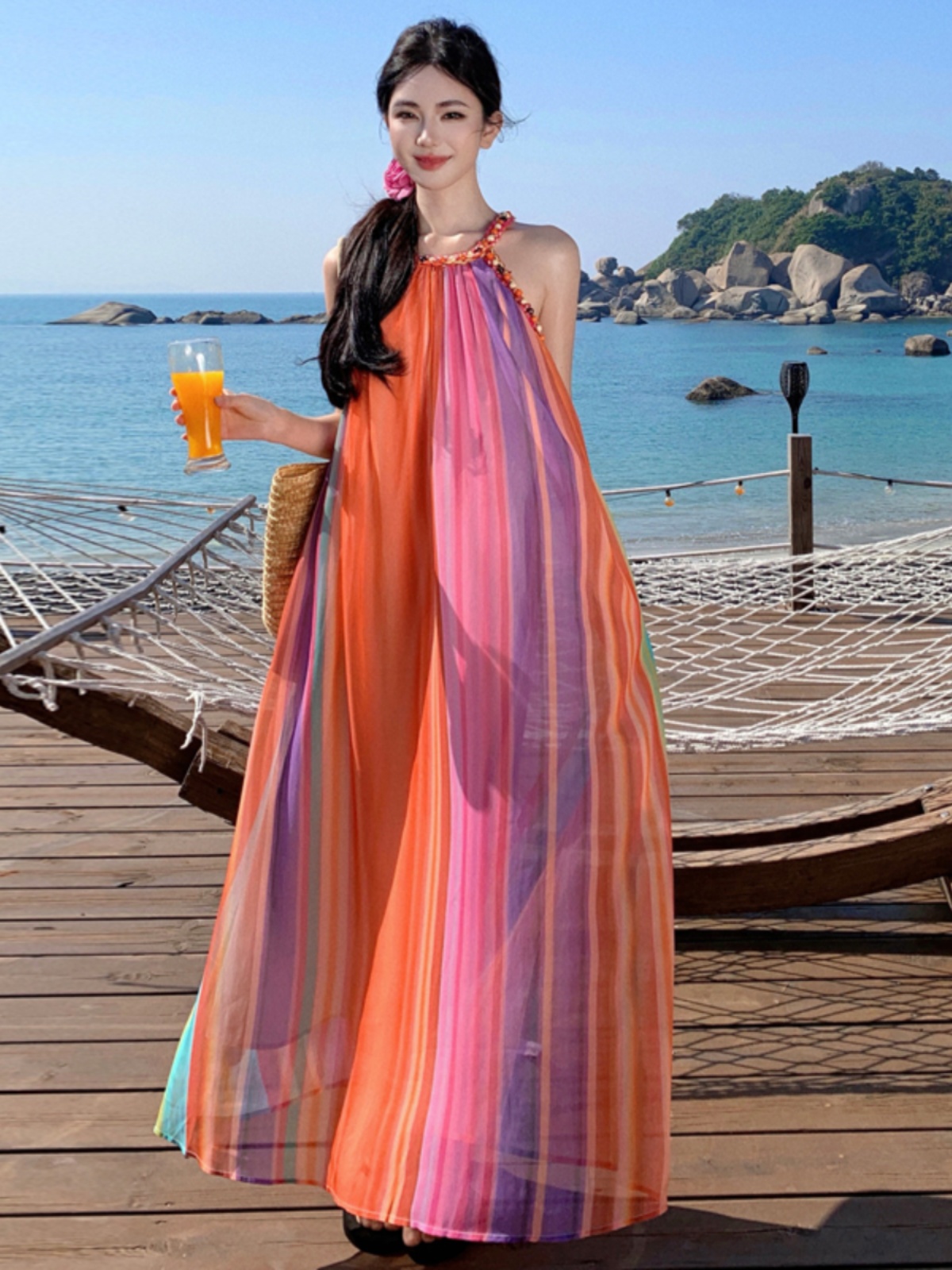 Summer Rainbow Striped Halter Sleeveless Loose Dress for Beach Vacations - Trendy Seaside Photo Shoot Outfit Summer Rainbow Striped Halter Sleeveless Loose Dress for Beach Vacations - Trendy Seaside Photo Shoot Outfit