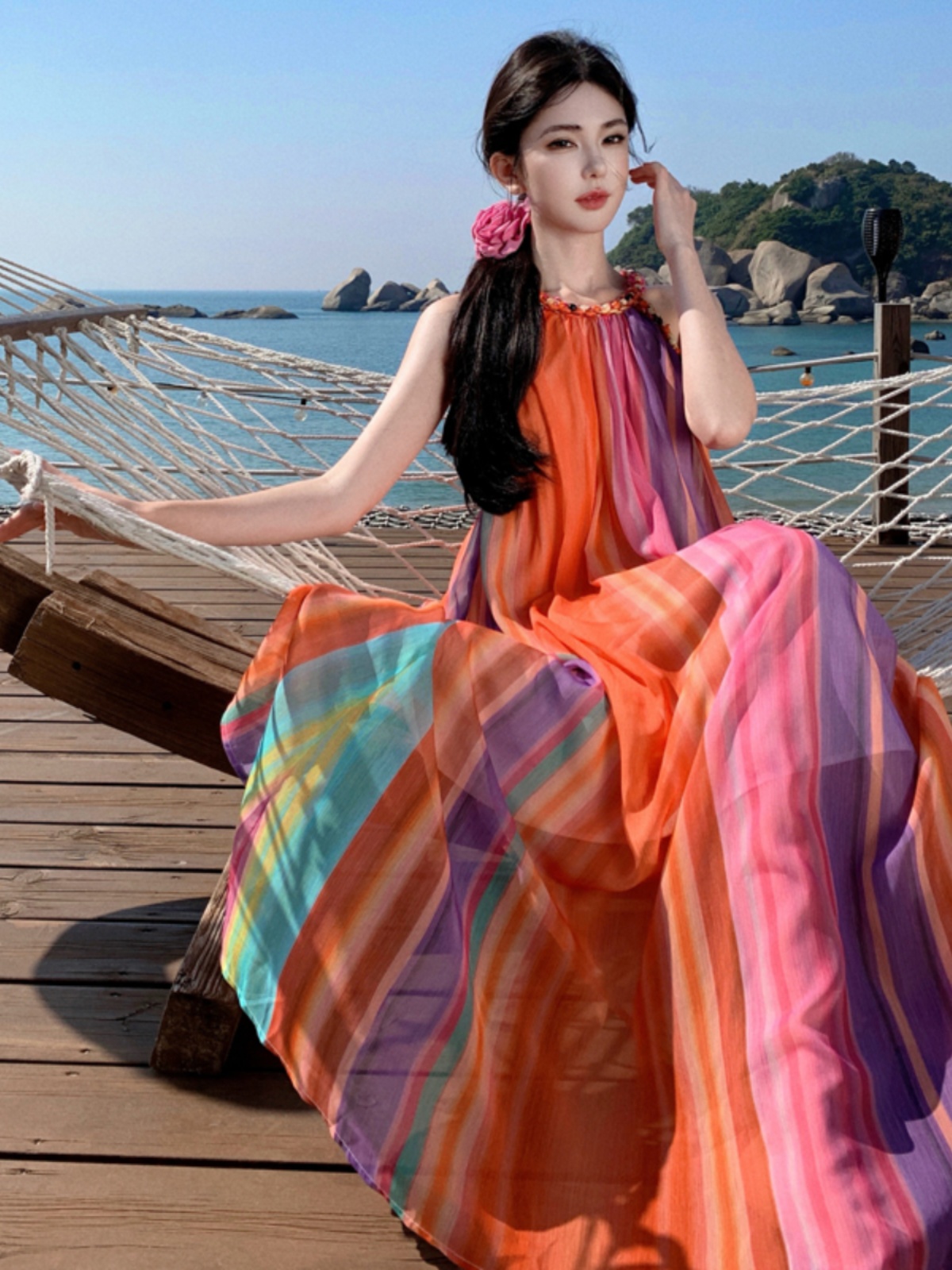 Summer Rainbow Striped Halter Sleeveless Loose Dress for Beach Vacations - Trendy Seaside Photo Shoot Outfit Summer Rainbow Striped Halter Sleeveless Loose Dress for Beach Vacations - Trendy Seaside Photo Shoot Outfit