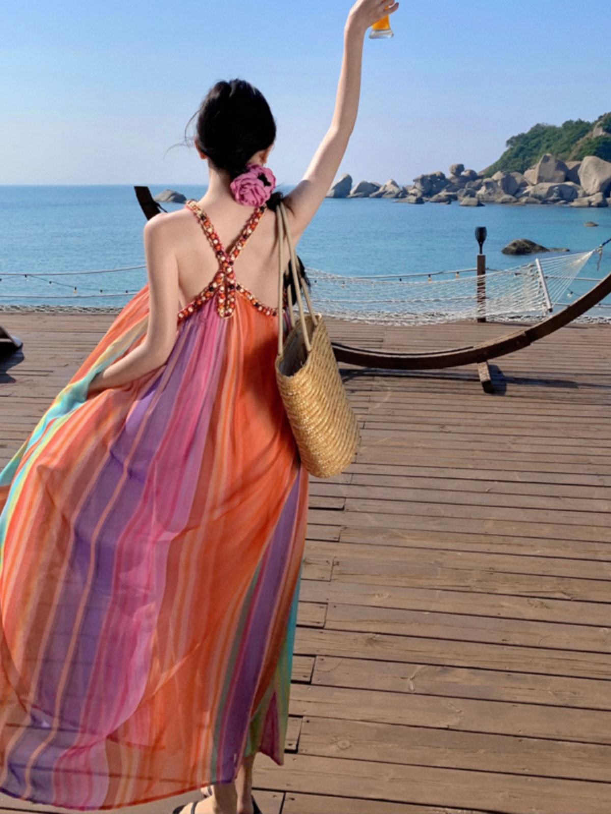 Summer Rainbow Striped Halter Sleeveless Loose Dress for Beach Vacations - Trendy Seaside Photo Shoot Outfit Summer Rainbow Striped Halter Sleeveless Loose Dress for Beach Vacations - Trendy Seaside Photo Shoot Outfit