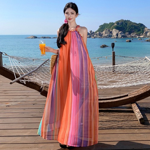 Summer Rainbow Striped Halter Sleeveless Loose Dress for Beach Vacations - Trendy Seaside Photo Shoot Outfit