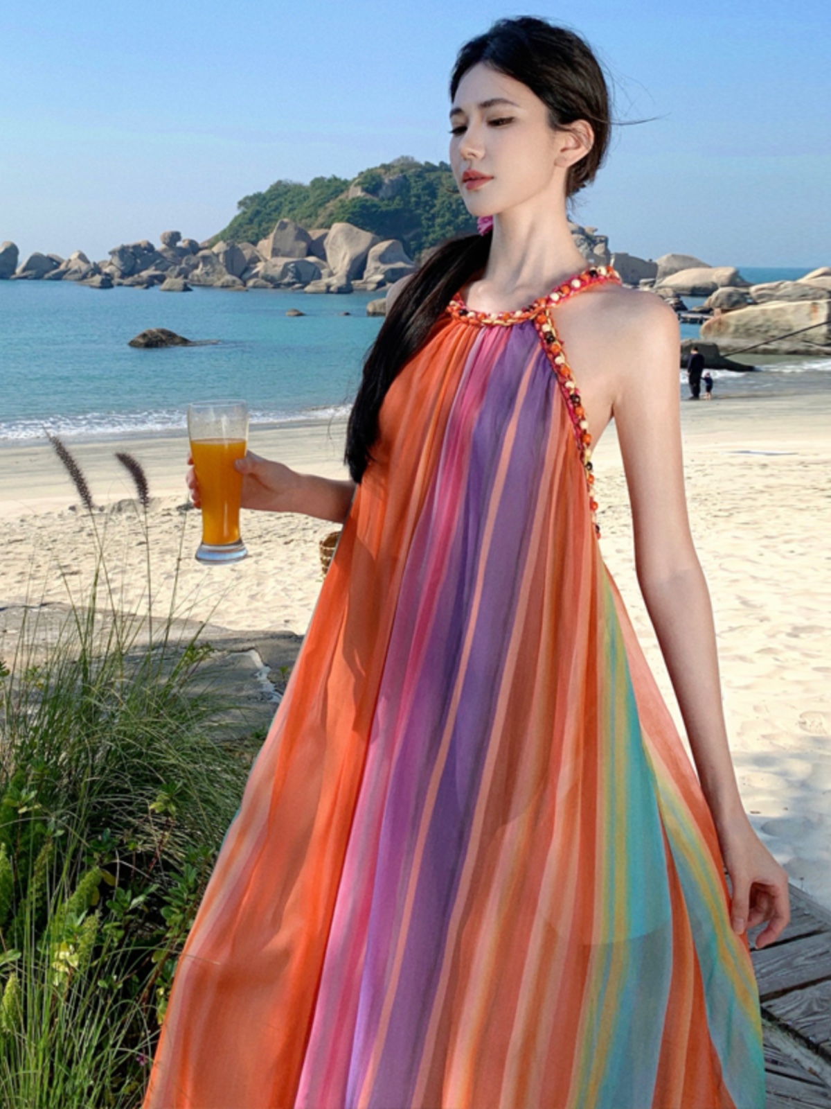 Summer Rainbow Striped Halter Sleeveless Loose Dress for Beach Vacations - Trendy Seaside Photo Shoot Outfit