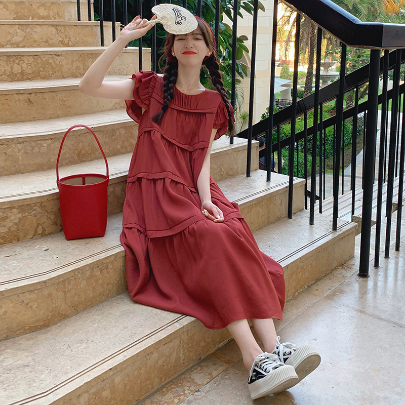 Summer Red Dress for Women with Unique Flying Sleeves, Cake Long Skirt, and Relaxed Fit - Perfect for a Chic, Effortless Look Summer Red Dress for Women with Unique Flying Sleeves, Cake Long Skirt, and Relaxed Fit - Perfect for a Chic, Effortless Look