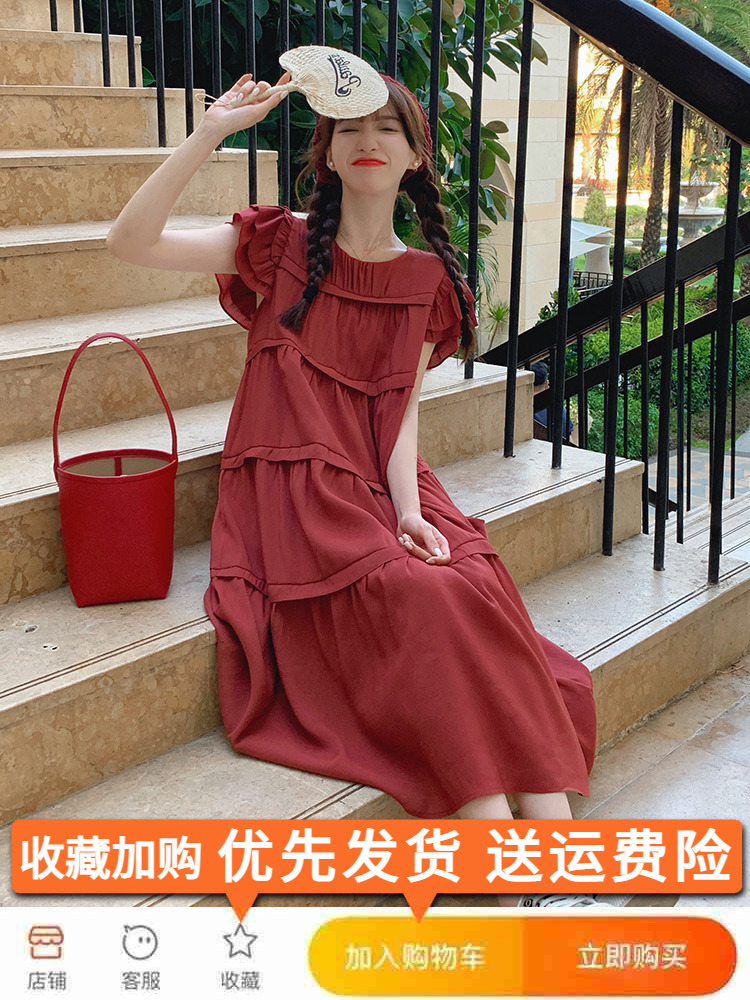 Summer Red Dress for Women with Unique Flying Sleeves, Cake Long Skirt, and Relaxed Fit - Perfect for a Chic, Effortless Look Summer Red Dress for Women with Unique Flying Sleeves, Cake Long Skirt, and Relaxed Fit - Perfect for a Chic, Effortless Look
