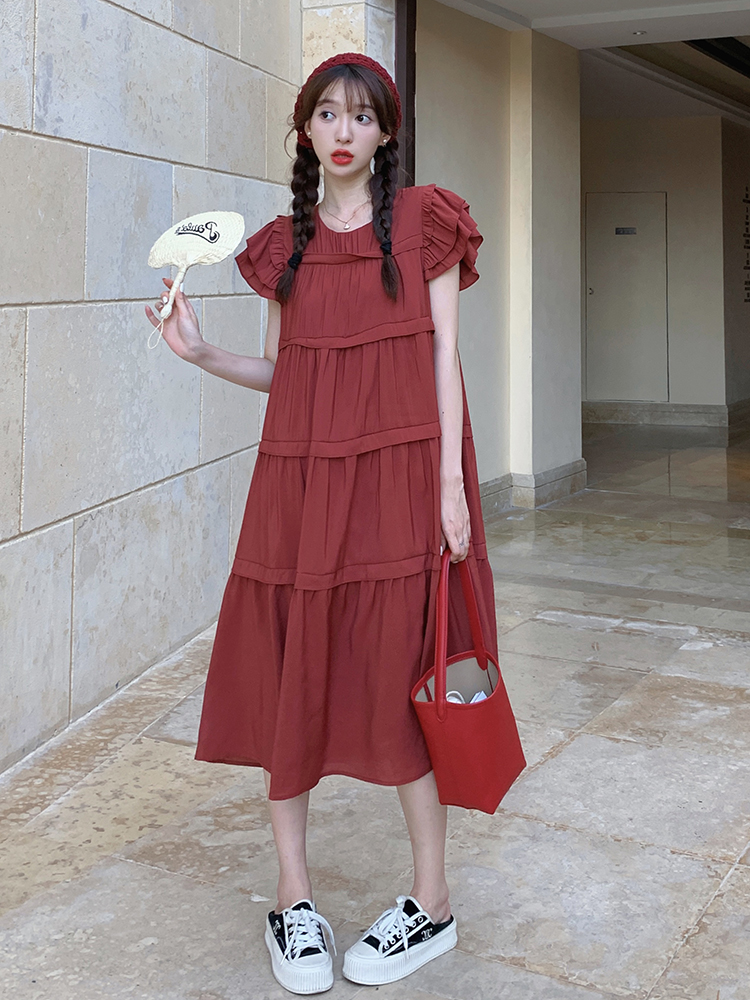 Summer Red Dress for Women with Unique Flying Sleeves, Cake Long Skirt, and Relaxed Fit - Perfect for a Chic, Effortless Look Summer Red Dress for Women with Unique Flying Sleeves, Cake Long Skirt, and Relaxed Fit - Perfect for a Chic, Effortless Look