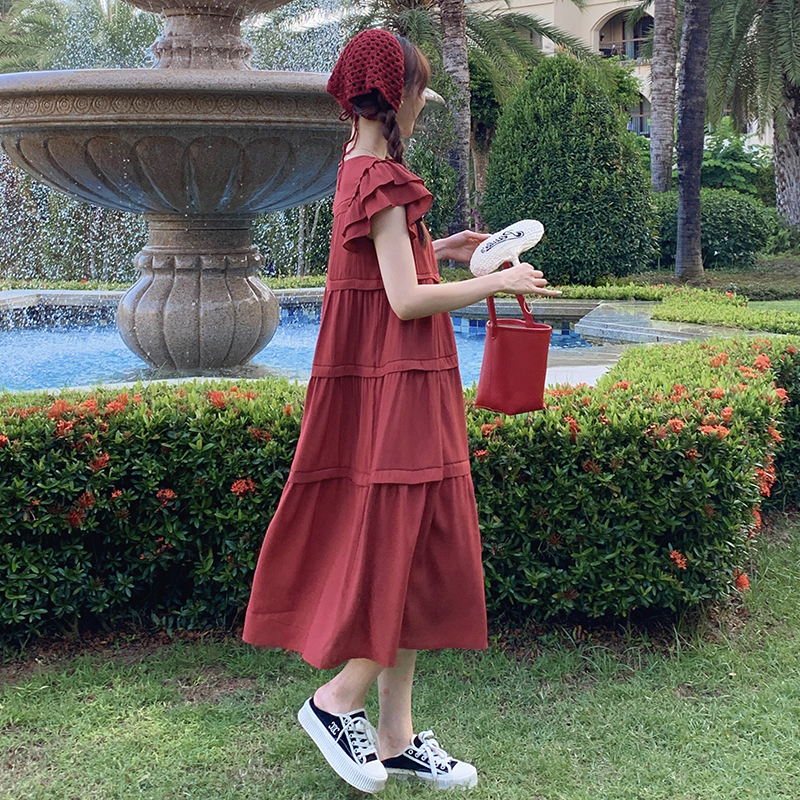 Summer Red Dress for Women with Unique Flying Sleeves, Cake Long Skirt, and Relaxed Fit - Perfect for a Chic, Effortless Look