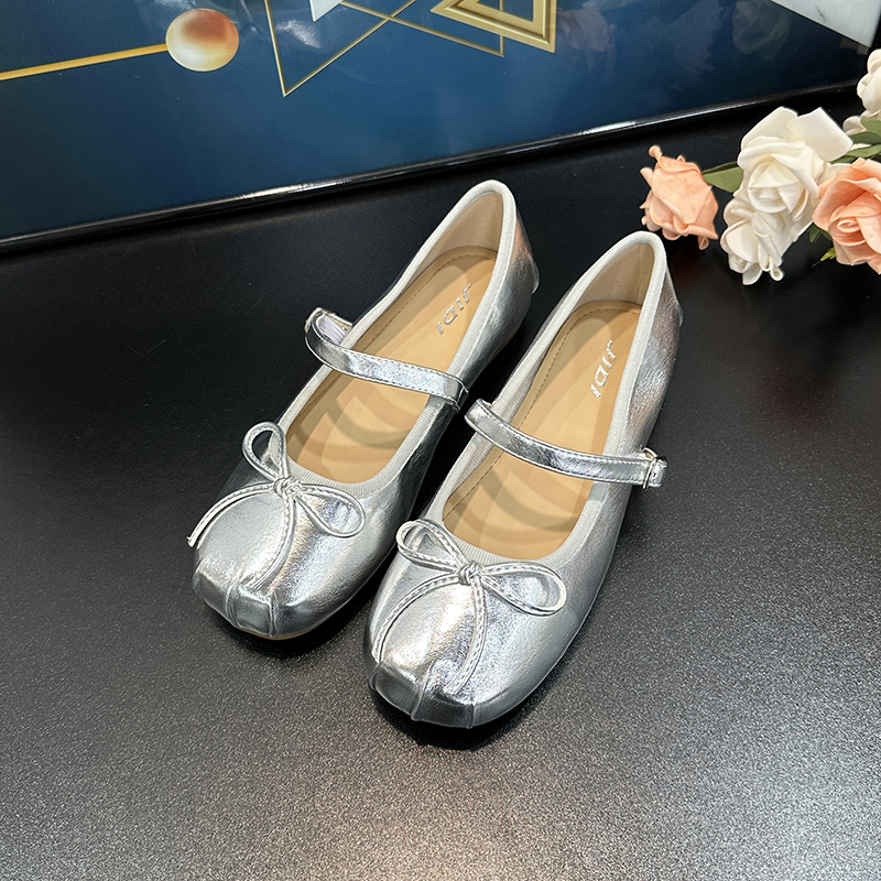 Summer Retro French Flat Ballet Shoes for Women - Silver Square Toe Bow Mary Jane Style
