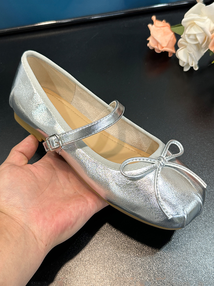 Summer Retro French Flat Ballet Shoes for Women - Silver Square Toe Bow Mary Jane Style