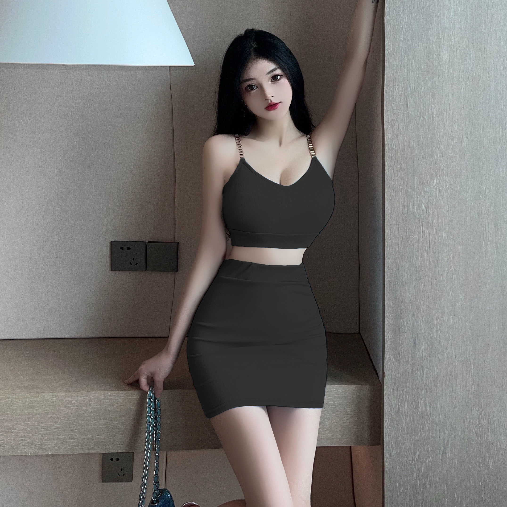 Summer Sexy Chain Strap Knitted Bodycon Dress Set for Women - Y2K Short Top and Skirt Two-Piece Outfit