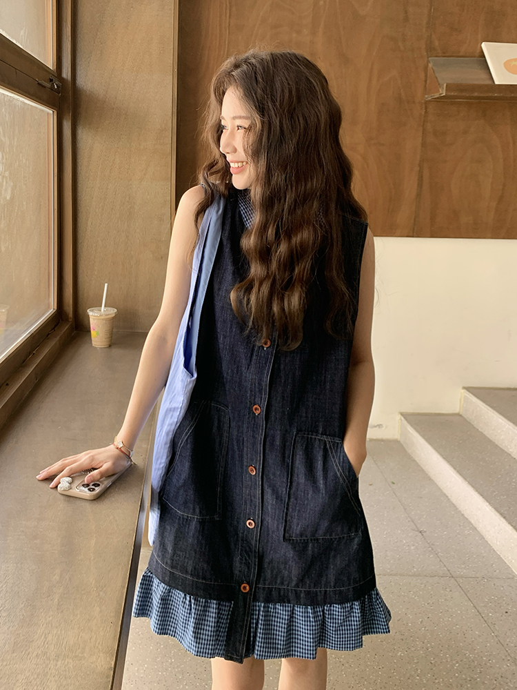 Summer Sleeveless Denim Dress for Women - Relaxed Fit Faux Two-Piece Look, Unique High-End Style, Perfect for Hot Weather
