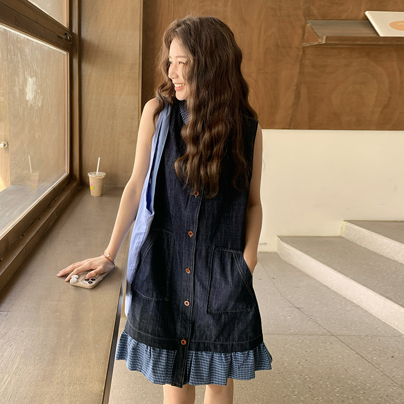 Summer Sleeveless Denim Dress for Women - Relaxed Fit Faux Two-Piece Look, Unique High-End Style, Perfect for Hot Weather