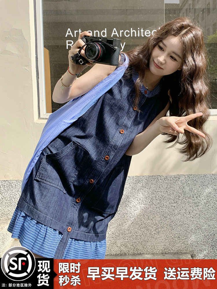 Summer Sleeveless Denim Dress for Women - Relaxed Fit Faux Two-Piece Look, Unique High-End Style, Perfect for Hot Weather Summer Sleeveless Denim Dress for Women - Relaxed Fit Faux Two-Piece Look, Unique High-End Style, Perfect for Hot Weather