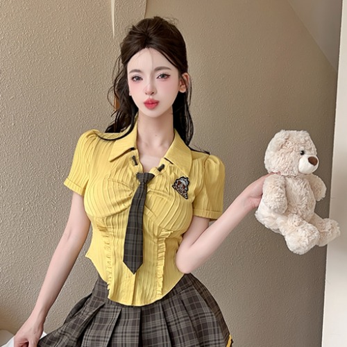 Summer Spicy Girl JK Uniform Set - Yellow Shirt with Plaid Pleated Skirt, Perfect for KTV Club and Work, Y2K Style