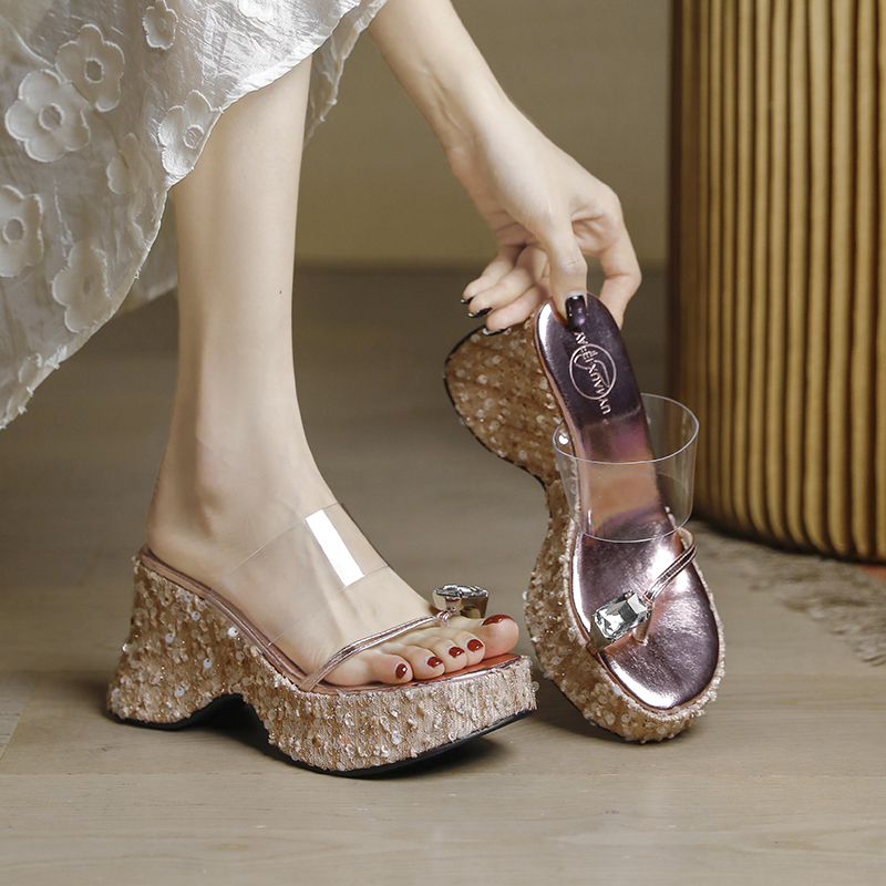 Summer Transparent One-Strap Flip-Flops with Thick Waterproof Platform - Height-Increasing Wedge Slippers for Petite Women