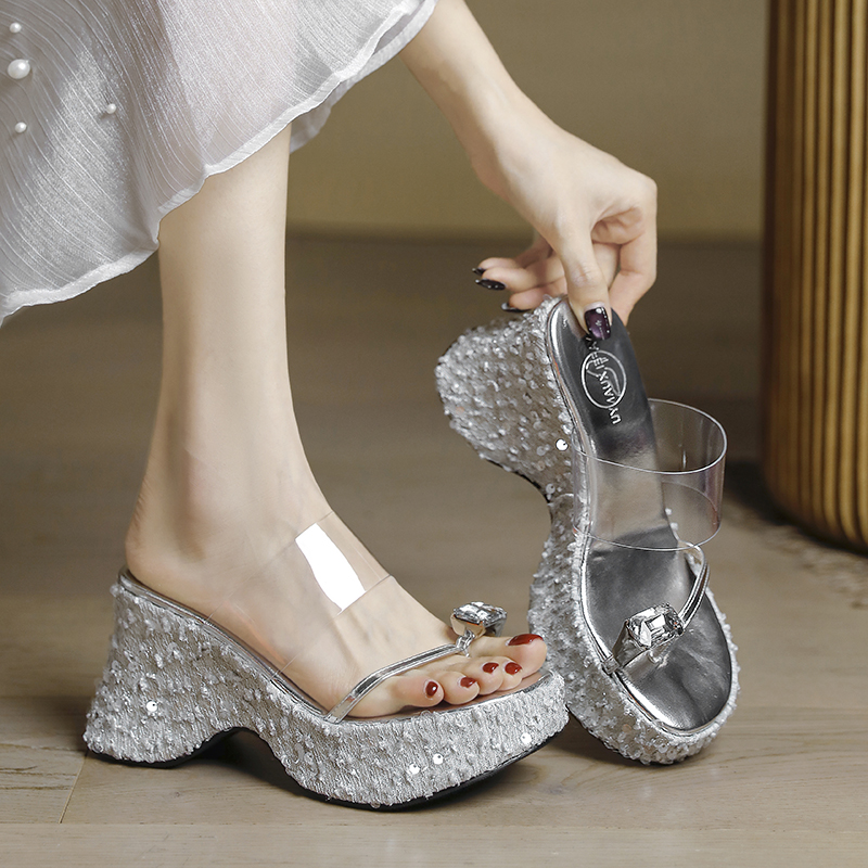 Summer Transparent One-Strap Flip-Flops with Thick Waterproof Platform - Height-Increasing Wedge Slippers for Petite Women Summer Transparent One-Strap Flip-Flops with Thick Waterproof Platform - Height-Increasing Wedge Slippers for Petite Women