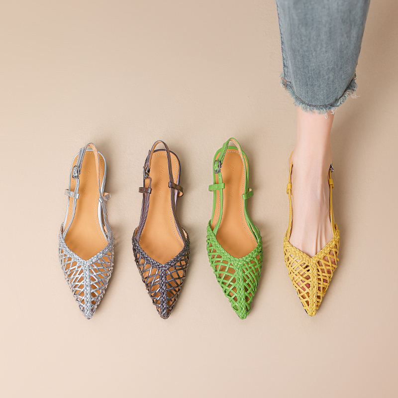 Summer Vibe Multi-Color Flat Sandals for Women - French Pointed Woven Hollow One-Strap Design