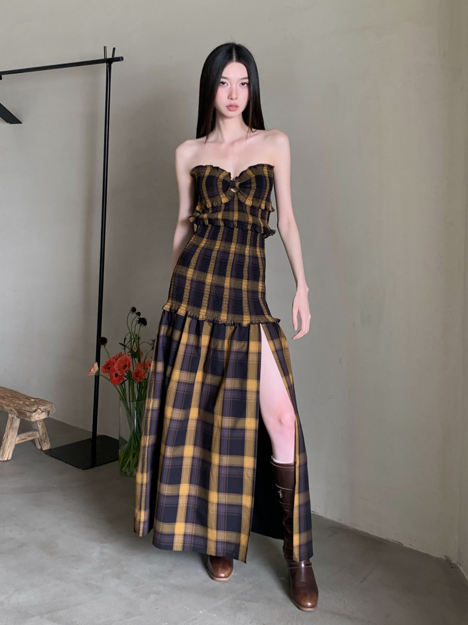 Summer Vintage Plaid Strapless Dress for Women, Loose Fit Elastic Waist, Sexy Split Long Skirt, Vacation Fashion 90s Style