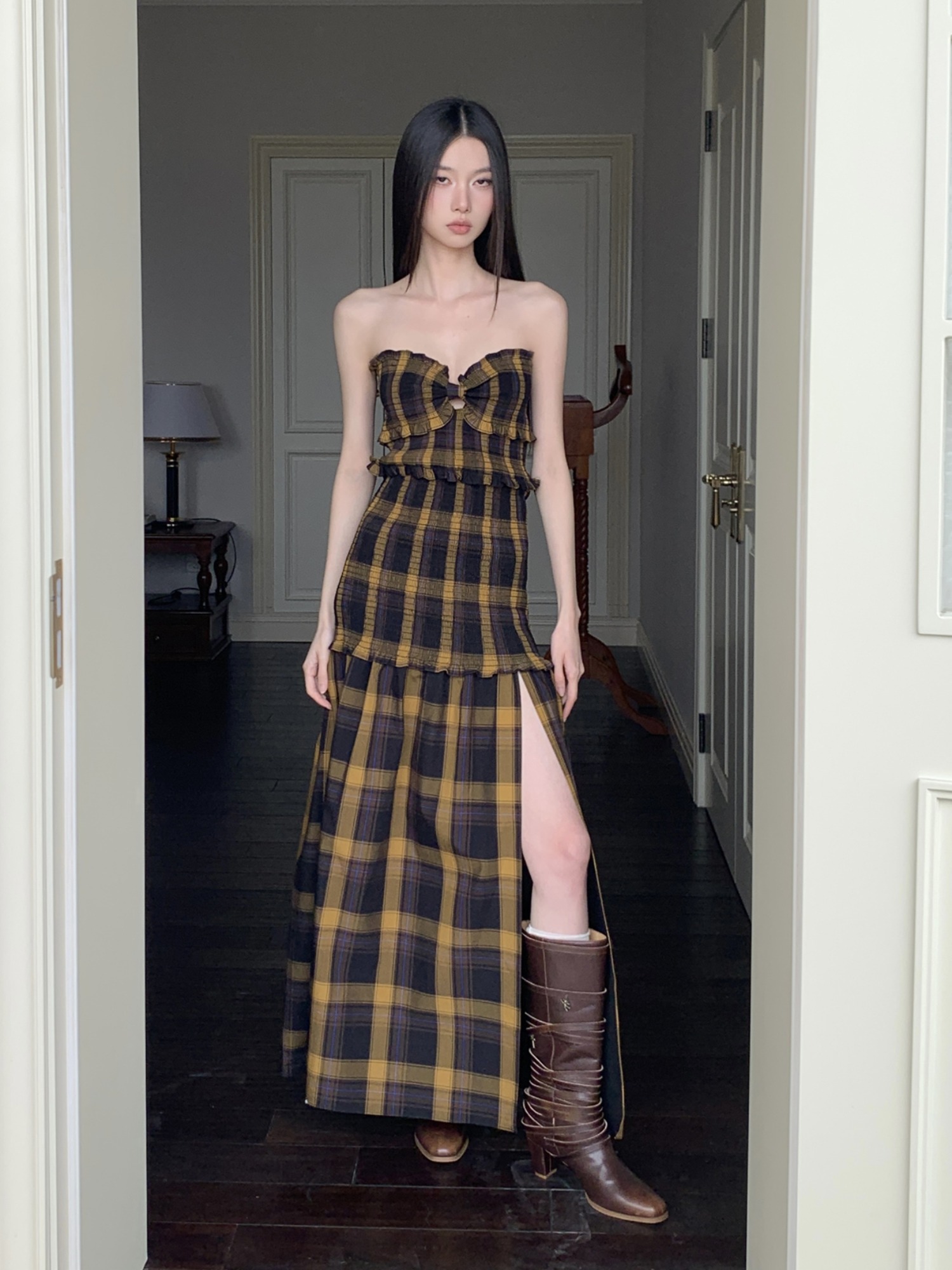 Summer Vintage Plaid Strapless Dress for Women, Loose Fit Elastic Waist, Sexy Split Long Skirt, Vacation Fashion 90s Style