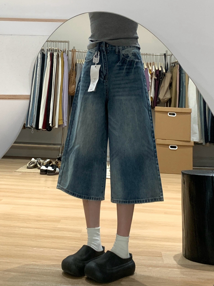 Summer Water-Washed Lightning Pattern Denim Capri Shorts for Women, Loose Wide-Leg, Slimming Straight Mid-Length Style