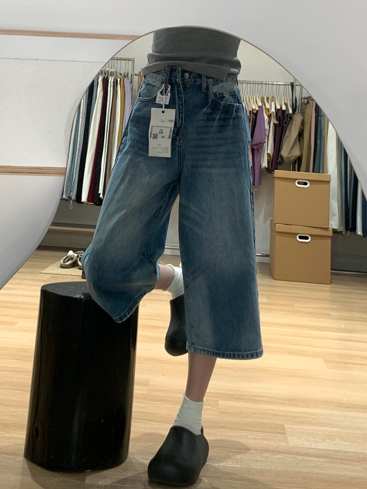 Summer Water-Washed Lightning Pattern Denim Capri Shorts for Women, Loose Wide-Leg, Slimming Straight Mid-Length Style