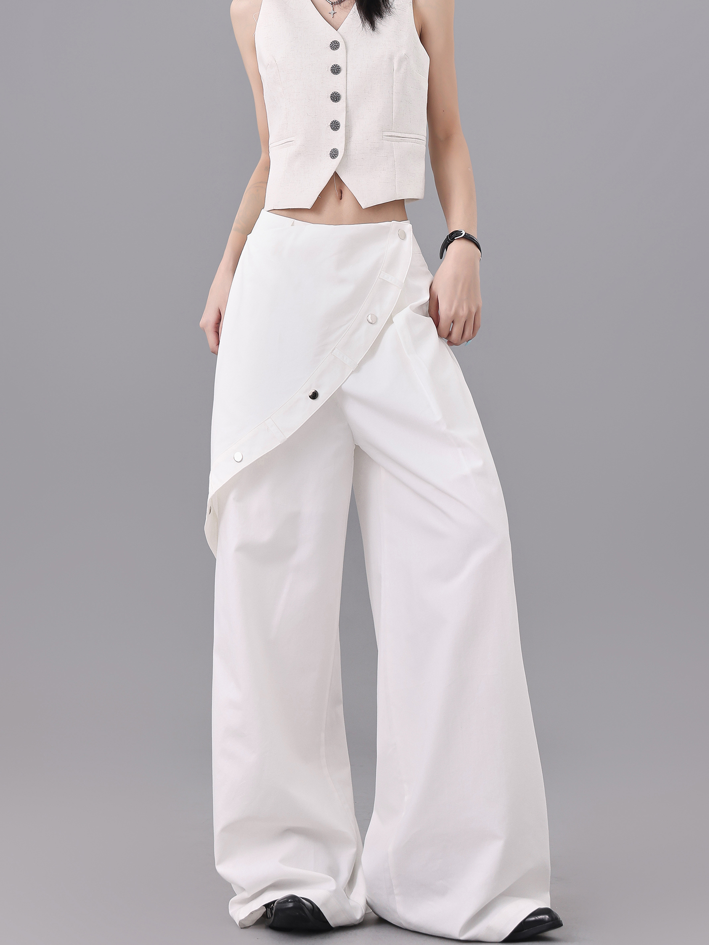 Summer White Faux Two-Piece Wide-Leg Suit Pants - Loose Slimming Draped Floor-Length Casual Trousers for Effortless Style