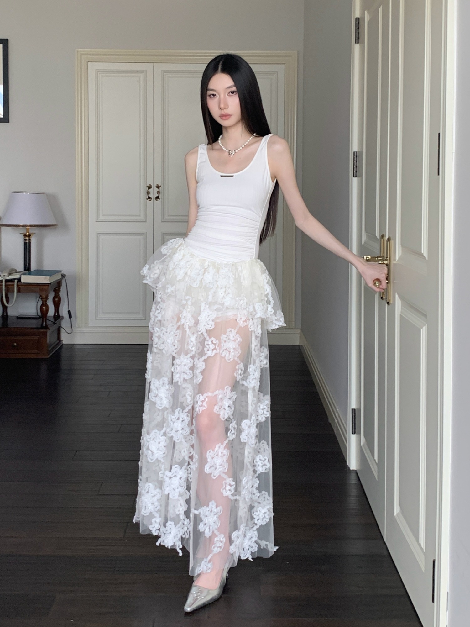 Summer White Floral Mesh Spaghetti Strap Dress - See-Through Casual Waist-Cinching Long Skirt for Women