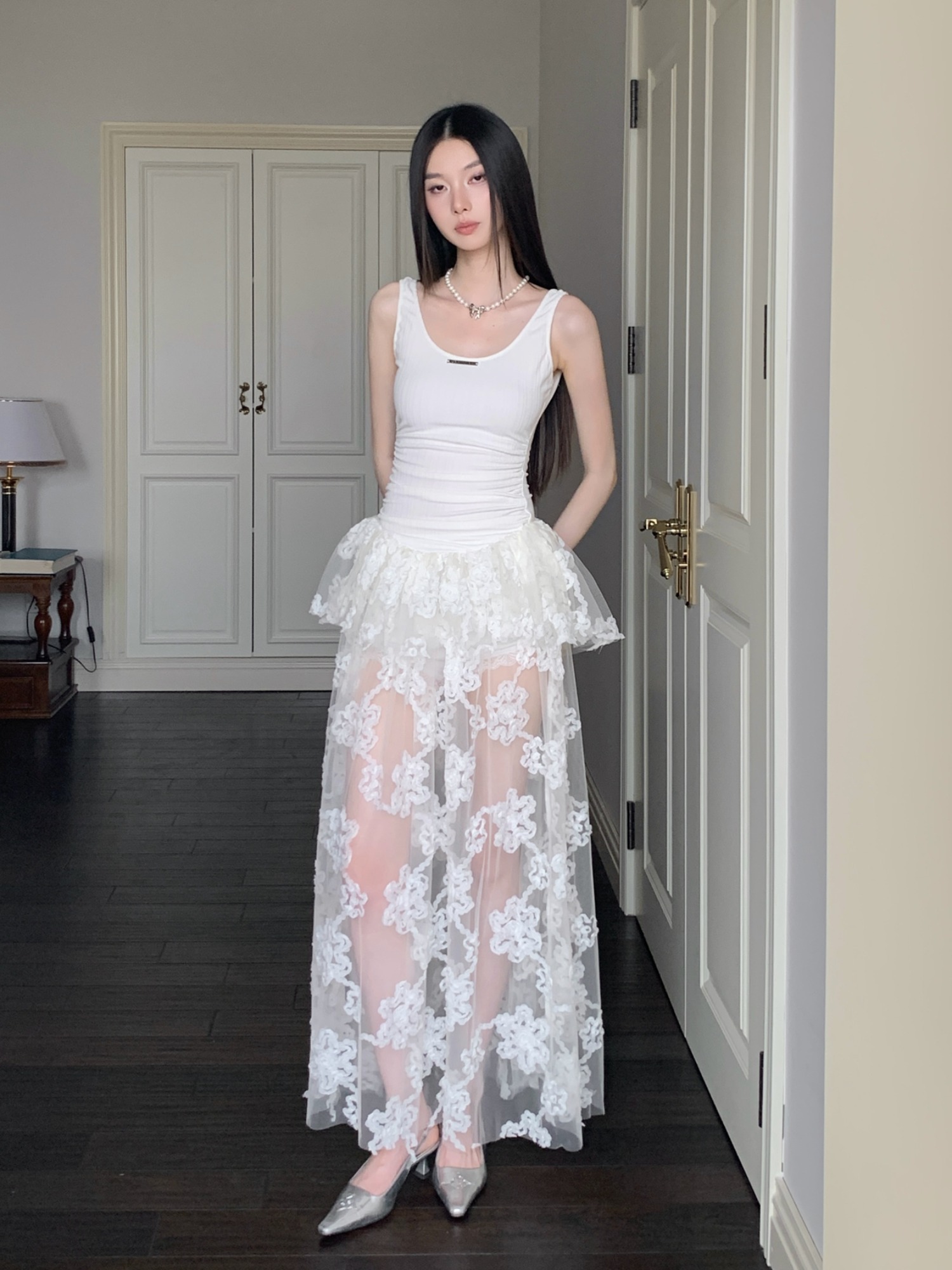 Summer White Floral Mesh Spaghetti Strap Dress - See-Through Casual Waist-Cinching Long Skirt for Women Summer White Floral Mesh Spaghetti Strap Dress - See-Through Casual Waist-Cinching Long Skirt for Women