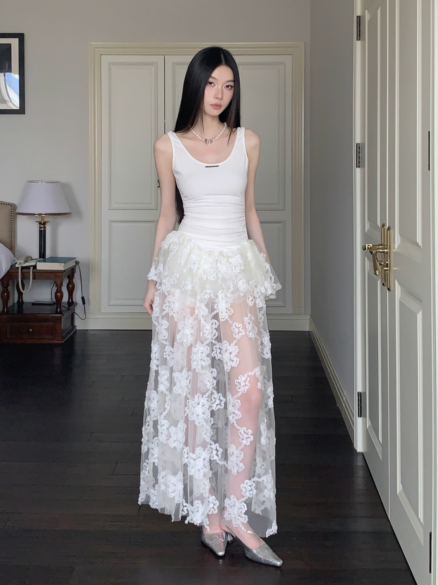 Summer White Floral Mesh Spaghetti Strap Dress - See-Through Casual Waist-Cinching Long Skirt for Women