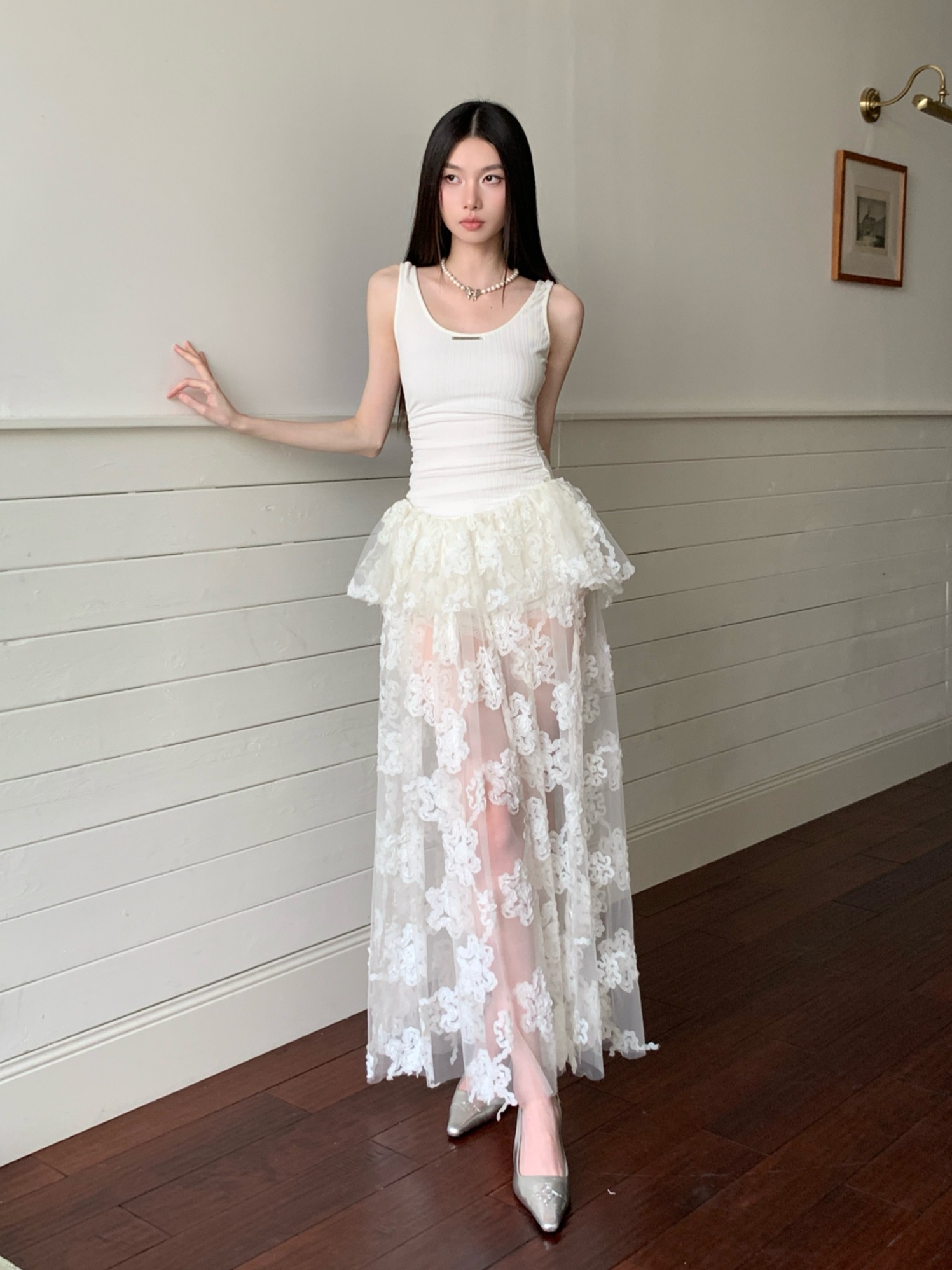 Summer White Floral Mesh Spaghetti Strap Dress - See-Through Casual Waist-Cinching Long Skirt for Women Summer White Floral Mesh Spaghetti Strap Dress - See-Through Casual Waist-Cinching Long Skirt for Women