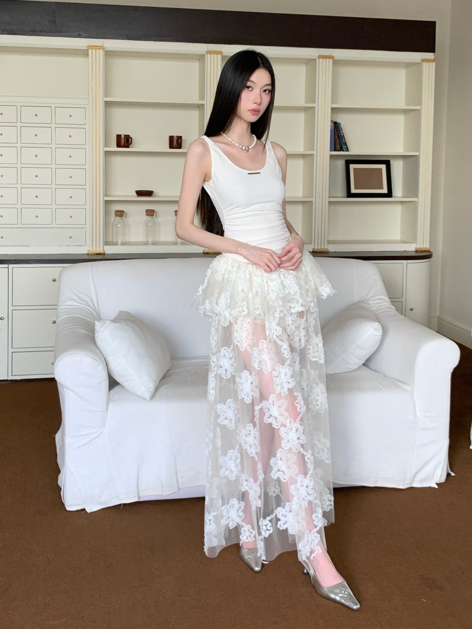 Summer White Floral Mesh Spaghetti Strap Dress - See-Through Casual Waist-Cinching Long Skirt for Women Summer White Floral Mesh Spaghetti Strap Dress - See-Through Casual Waist-Cinching Long Skirt for Women