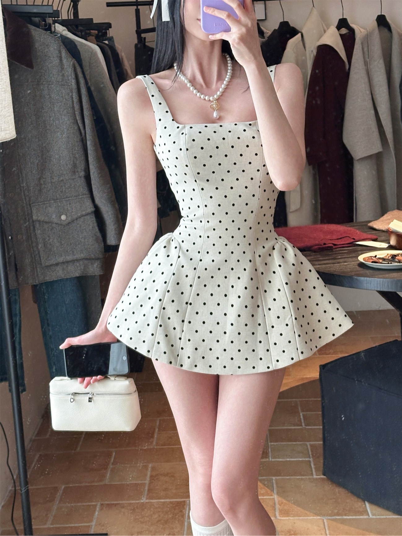 Summer White Polka Dot Spaghetti Strap Dress with Waist-Cinching Short Skirt for Women - Cute Y2K Style Summer White Polka Dot Spaghetti Strap Dress with Waist-Cinching Short Skirt for Women - Cute Y2K Style
