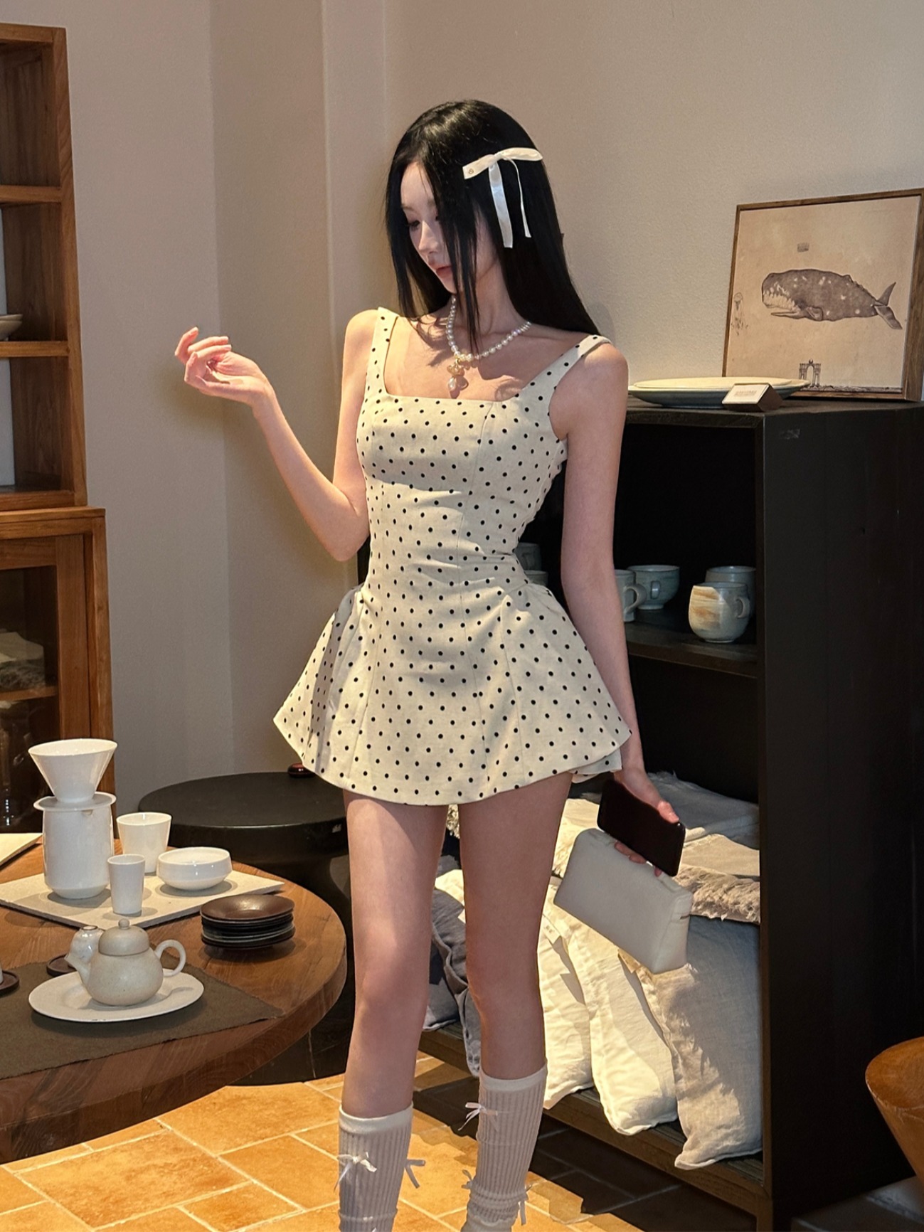 Summer White Polka Dot Spaghetti Strap Dress with Waist-Cinching Short Skirt for Women - Cute Y2K Style