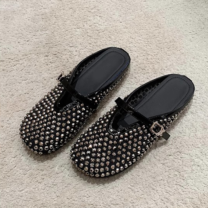Summer Women's Breathable Fairy One-Strap Flat Sandals with Full Diamond Fishing Net Bag Design