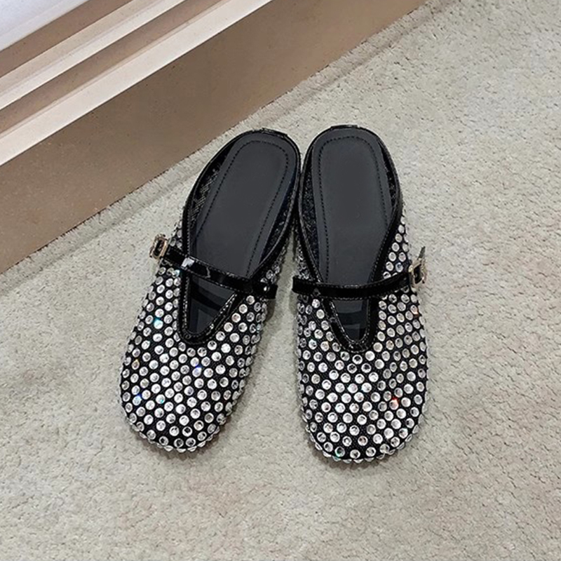 Summer Women's Breathable Fairy One-Strap Flat Sandals with Full Diamond Fishing Net Bag Design