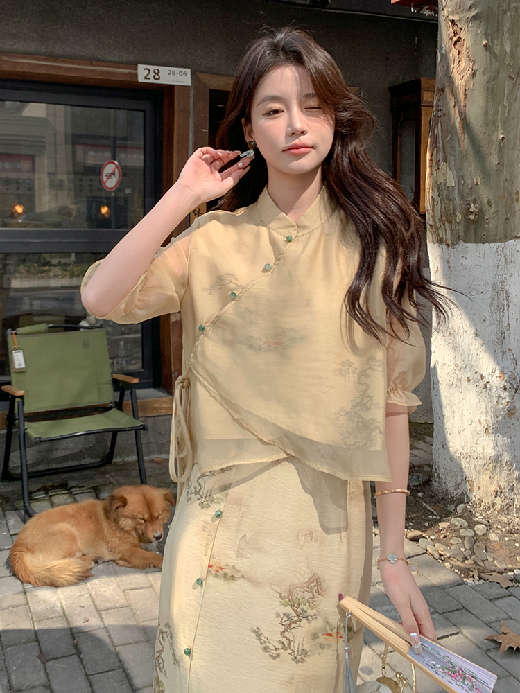 Summer Yellow Chinese-Style Qipao Dress for Women - Unique Long Skirt Set, Trendy National Wind Design