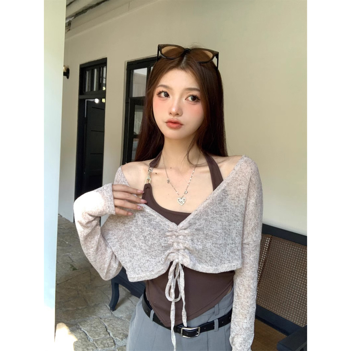 Sweet and Spicy American-Style Short Sleeve Dance Top for Women - Two-Piece Cardigan and Camisole Set for Jazz Dancing