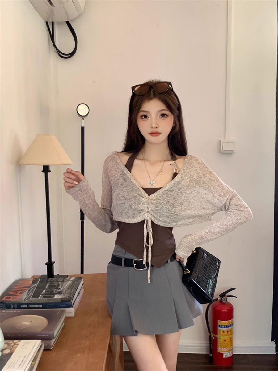 Sweet and Spicy American-Style Short Sleeve Dance Top for Women - Two-Piece Cardigan and Camisole Set for Jazz Dancing Sweet and Spicy American-Style Short Sleeve Dance Top for Women - Two-Piece Cardigan and Camisole Set for Jazz Dancing