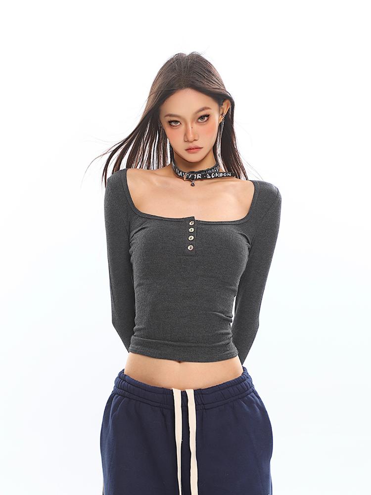 Sweet and Spicy Big U-Neck Slim Fit Long Sleeve T-Shirt for Women, Ribbed Top, New Autumn Winter Style, Y2K Fashion Sweet and Spicy Big U-Neck Slim Fit Long Sleeve T-Shirt for Women, Ribbed Top, New Autumn Winter Style, Y2K Fashion