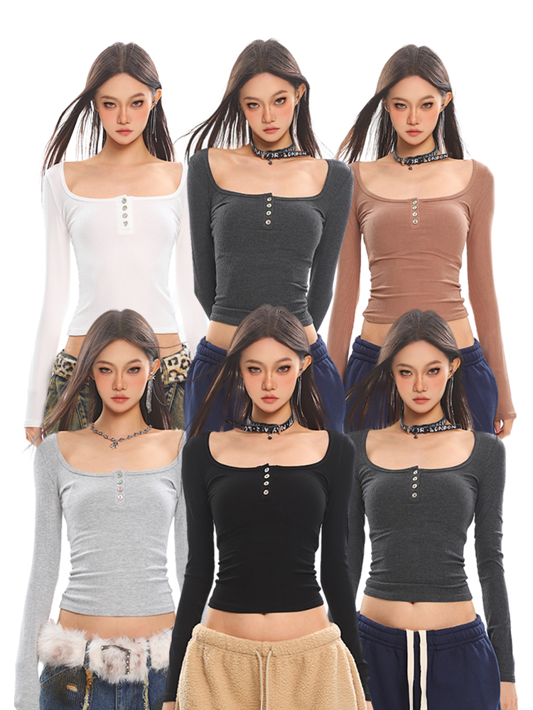 Sweet and Spicy Big U-Neck Slim Fit Long Sleeve T-Shirt for Women, Ribbed Top, New Autumn Winter Style, Y2K Fashion