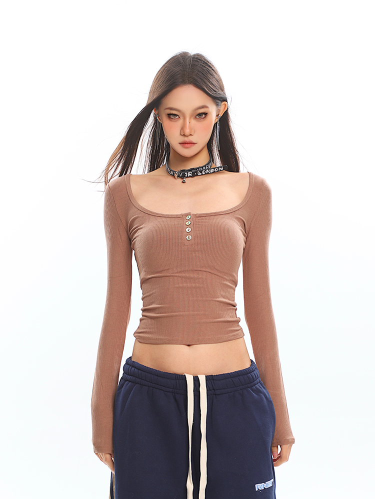 Sweet and Spicy Big U-Neck Slim Fit Long Sleeve T-Shirt for Women, Ribbed Top, New Autumn Winter Style, Y2K Fashion Sweet and Spicy Big U-Neck Slim Fit Long Sleeve T-Shirt for Women, Ribbed Top, New Autumn Winter Style, Y2K Fashion